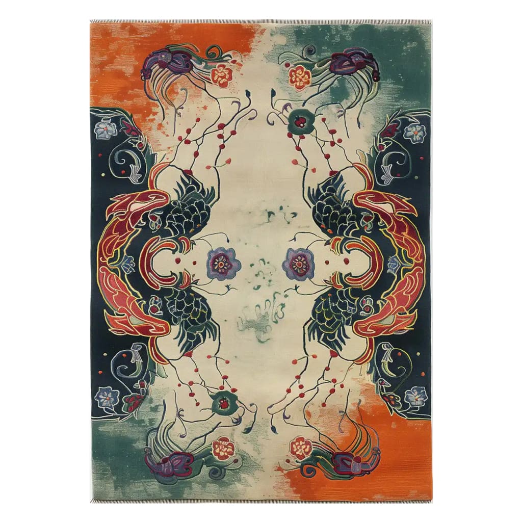 Pomegranate Dreams Hand Tufted Wool Rug featuring vibrant abstract designs in rich colors. This area rug, perfect for large living rooms, showcases vintage patterns with intricate details, making it a standout piece among wool rugs.