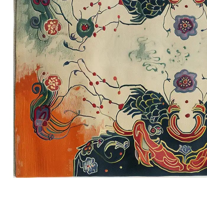 A close-up view of the Pomegranate Dreams Hand Tufted Wool Rug, showcasing its vibrant abstract design. This large vintage area rug features intricate floral and ornamental patterns in bold hues, ideal for enhancing any living room space.