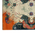 A close-up view of the Pomegranate Dreams Hand Tufted Wool Rug, showcasing its vibrant abstract design. This large vintage area rug features intricate floral and ornamental patterns in bold hues, ideal for enhancing any living room space.