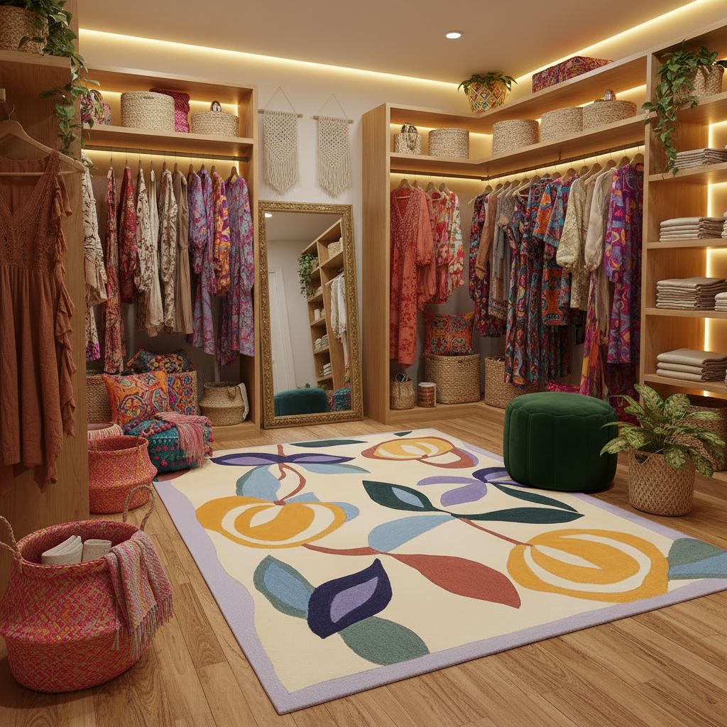 Clothing store interior with colorful rug, shelves, and clothing racks.