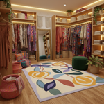 Clothing store interior with colorful rug, shelves, and clothing racks.
