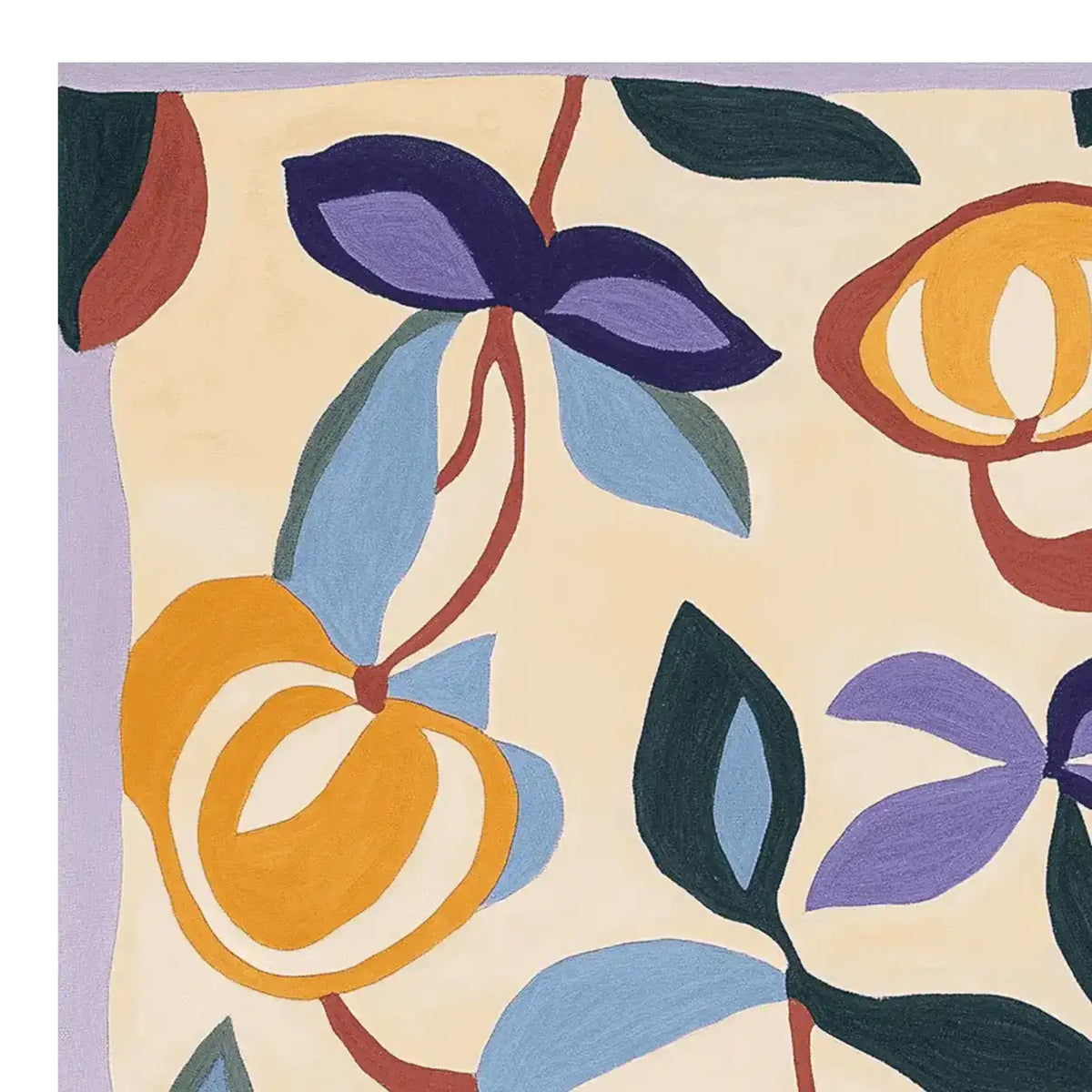 Vibrant area rug showcasing a modern floral pattern with bold colors like purple, orange, and green, perfect for a contemporary living room. This hand-tufted wool rug is designed in an 8x10 size, ideal for adding a splash of color and style to your living space.