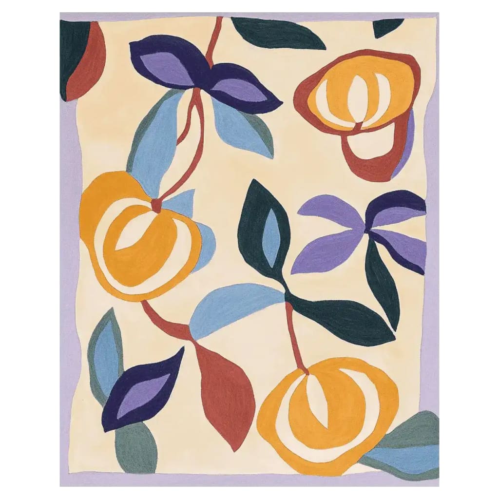 The Pop Flower Dance Hand Tufted Rug is a vibrant area rug featuring a contemporary floral design. This wool rug showcases bold colors like purple, yellow, and red against a soft background, making it an ideal choice for living room rugs 8x10. Perfect for adding a touch of modern flair to your space, this area rug is a standout piece for any living room.