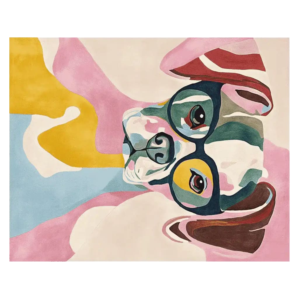 Vibrant Pop Pup Hand Tufted Area Rug featuring a colorful abstract dog design. Perfect for adding a contemporary touch to your living space, this wool rug is ideal for large living room settings.