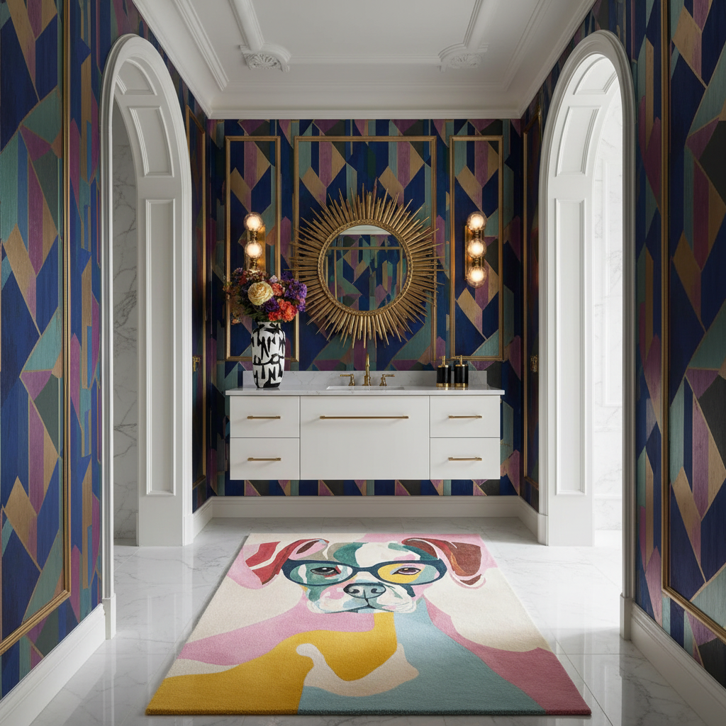 Modern bathroom with colorful geometric wallpaper, a white vanity, and a vibrant rug with a dog design.