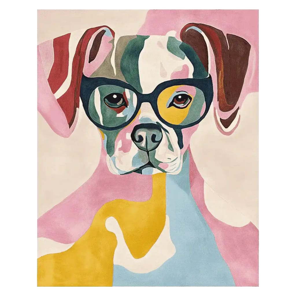 Pop Pup Hand Tufted Area Rug featuring a vibrant, abstract design of a dog wearing glasses. This contemporary wool rug is perfect for adding a playful touch to large living room spaces.