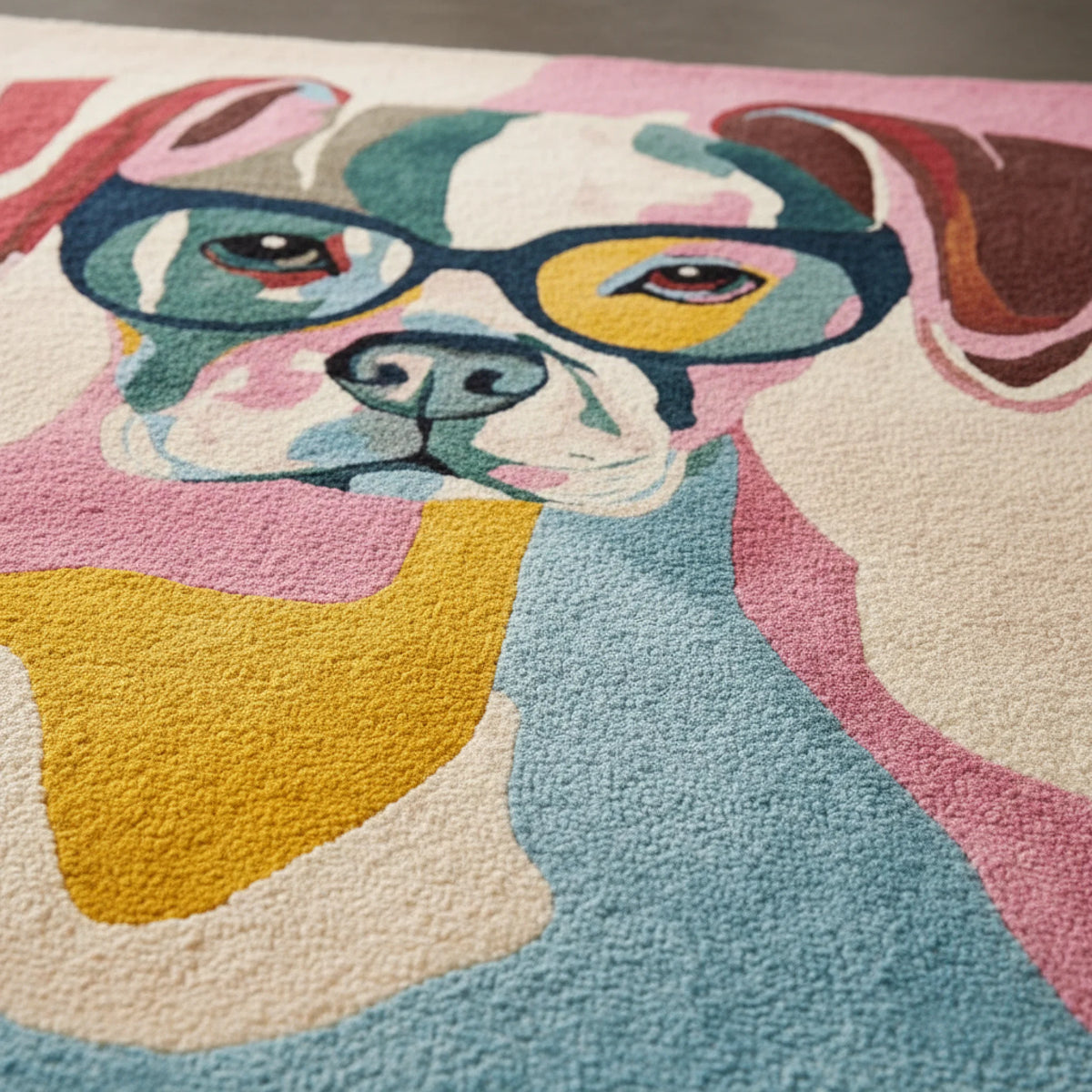 Colorful rug with a dog design wearing glasses on a plain background