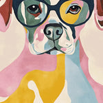 A vibrant hand-tufted area rug featuring a playful, abstract dog design. This contemporary wool rug, ideal for large living rooms, showcases bold colors including pink, yellow, and blue, capturing a modern artistic flair.