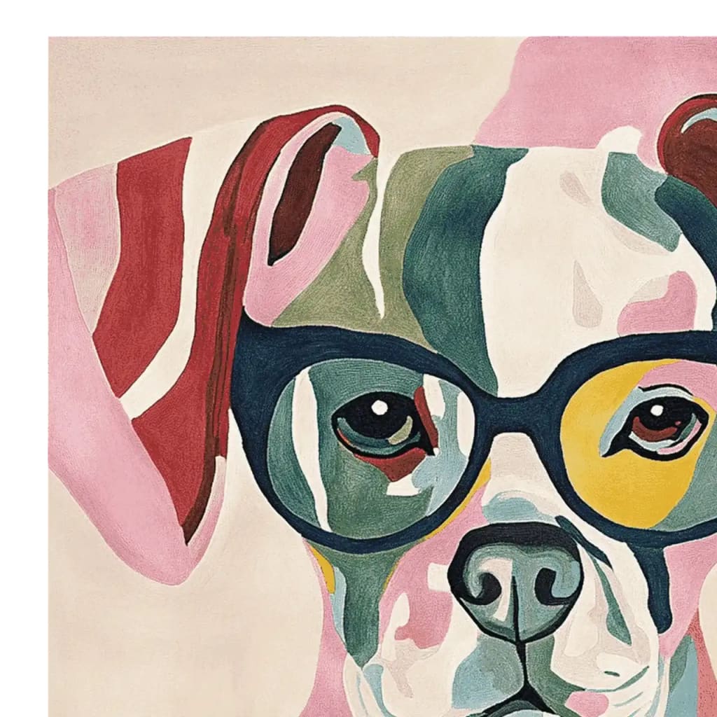A vibrant and contemporary area rug featuring a hand-tufted design of a colorful dog wearing glasses. This wool rug showcases bold colors like pink, green, and yellow, perfect for adding a playful touch to large living room spaces.