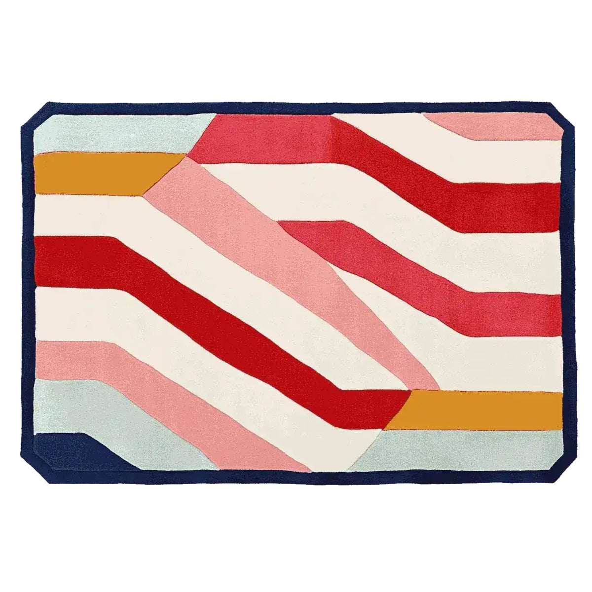 Vibrant area rug with bold stripes in red, pink, and mustard yellow on a hand-tufted wool surface. This contemporary rug is perfect for adding a pop of color to living room area rugs.