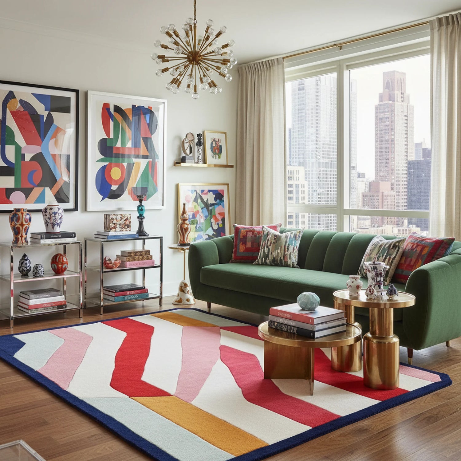 Modern living room with a green sofa, colorful rug, and abstract art.