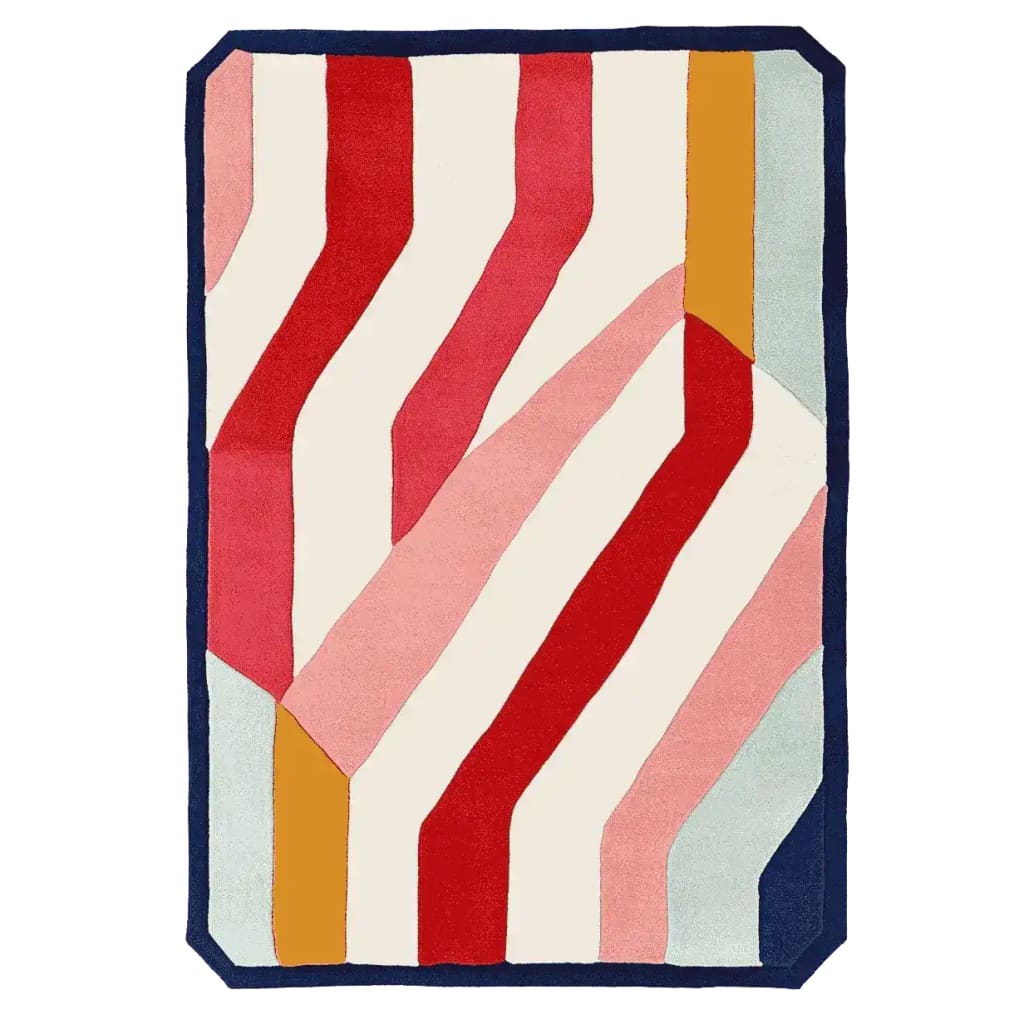 Vibrant Pop Stripe Shuffle Hand Tufted Area Rug featuring bold red, pink, and orange stripes with a contemporary design, perfect for adding a touch of modern flair to any living room. This wool rug offers a unique and stylish edge, ideal for those seeking distinctive living room area rugs.