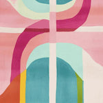 Vibrant and colorful area rug showcasing an abstract design with bold hues of pink, teal, and orange. This contemporary wool rug is perfect for adding a splash of color to large living room spaces, making it a standout piece among area rugs for living room decor.