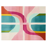 Vibrant area rug featuring an abstract design in pink, blue, and orange hues. This contemporary wool rug is perfect for adding a pop of color to large living rooms, making it a standout piece among area rugs for living room spaces.