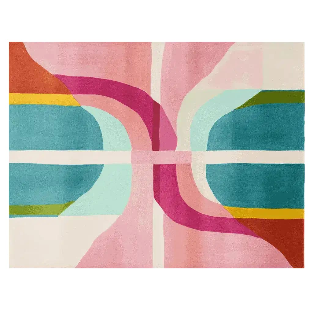 Vibrant area rug featuring an abstract design in pink, blue, and orange hues. This contemporary wool rug is perfect for adding a pop of color to large living rooms, making it a standout piece among area rugs for living room spaces.