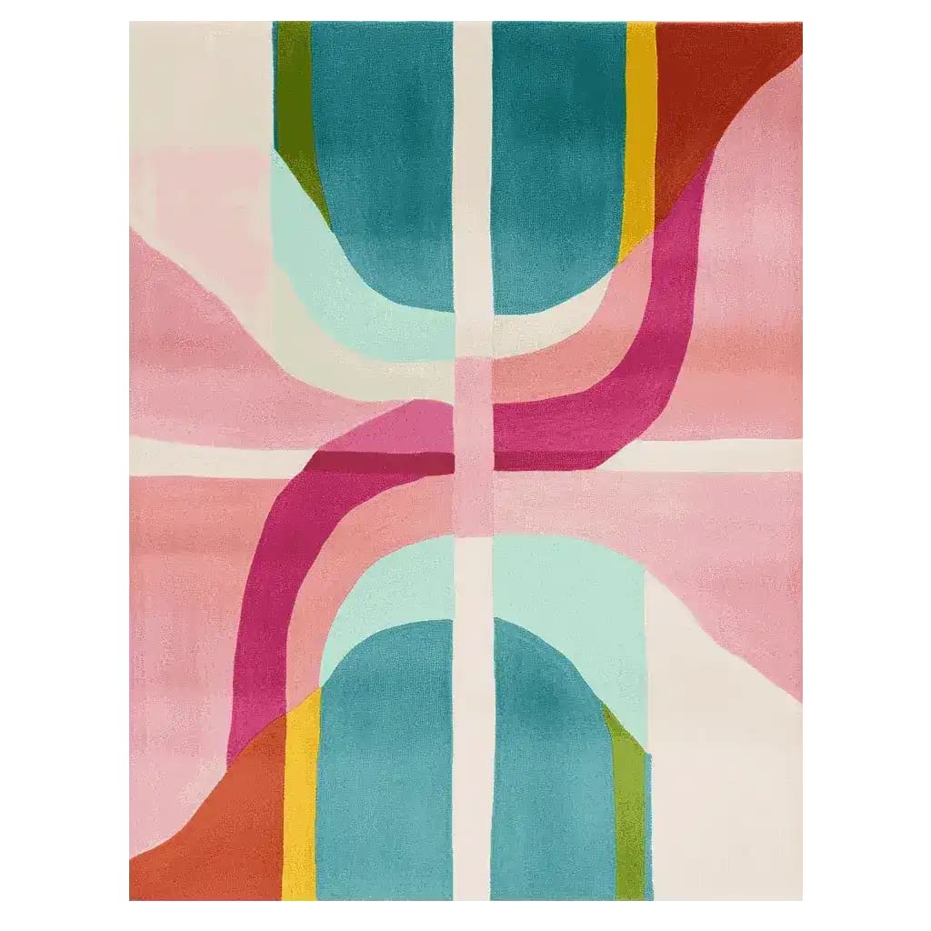 Top view of the Pop Wave Vibe Hand Tufted Rug, a vibrant area rug featuring an abstract design with bold colors like teal, pink, and orange. Perfect as a contemporary rug for large living rooms, this wool rug adds a splash of modern style to any space.