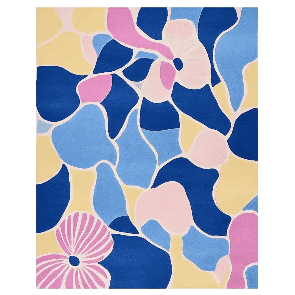 This vibrant Poppy Puzzle Hand Tufted Rug features an abstract floral design in shades of blue, pink, and yellow, making it a perfect contemporary rug for adding a pop of color to any living room. Made from high-quality wool, this area rug is both stylish and durable, ideal for those seeking unique rugs for their living room.