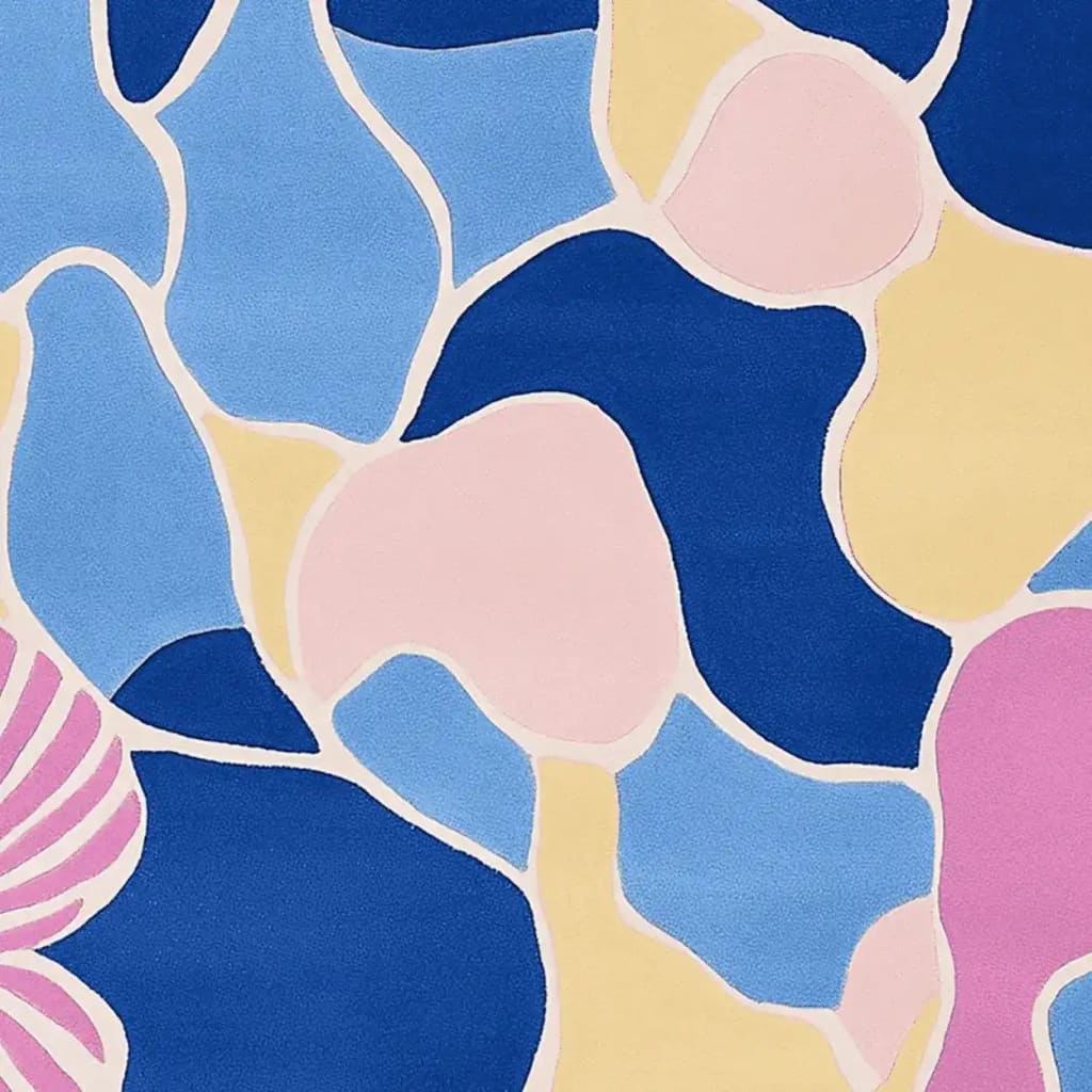 Vibrant abstract design of the Poppy Puzzle Hand Tufted Rug, showcasing a mix of blue, pink, and yellow shapes. Perfect wool rug for adding a contemporary touch to living room area rugs.