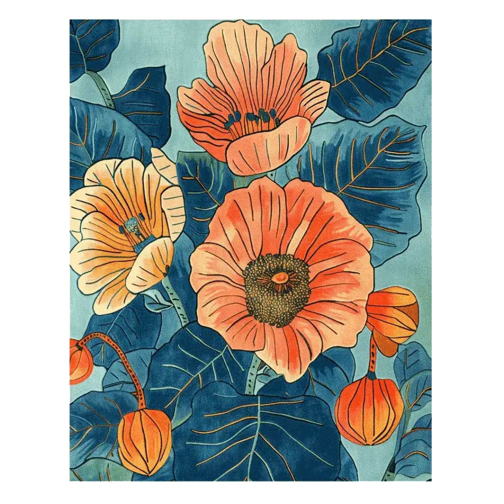 The Poppy Symphony Hand Tufted Rug is an exquisite area rug featuring a vibrant floral design with large poppies in shades of orange and yellow set against a backdrop of deep blue leaves. Perfect for a dining room, this wool rug adds a touch of elegance and warmth, making it an ideal choice for formal dining room carpets.