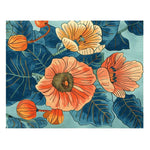 Vibrant Poppy Symphony Hand Tufted Area Rug featuring bold orange and blue floral designs, perfect for enhancing a dining room's elegance. This wool rug offers a stylish touch to formal dining room settings, making it an ideal choice for those seeking beautiful dining room carpets.
