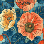 Vibrant Poppy Symphony Hand Tufted Area Rug showcasing bold floral designs in shades of orange and blue, perfect for a formal dining room setting. This wool rug brings an elegant touch to dining room carpets with its intricate poppy patterns.