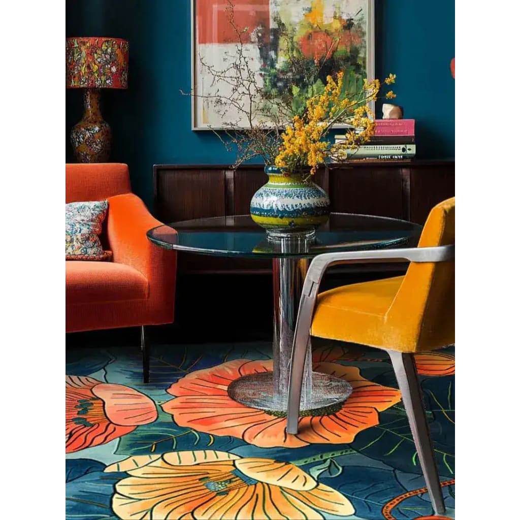 A vibrant dining room featuring a Poppy Symphony Hand Tufted Area Rug with bold floral patterns in orange and yellow, perfectly complementing the modern decor. The colorful wool rug enhances the formal dining room atmosphere with its artistic flair.
