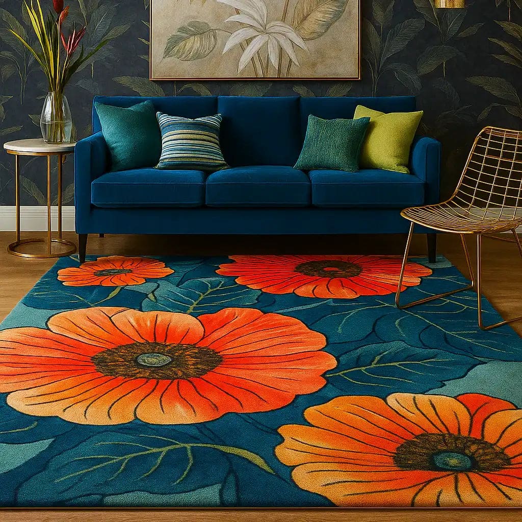 Vibrant area rug with bold poppy floral design, perfect for adding a touch of elegance to a dining room. The hand-tufted wool rug features striking orange and red blooms set against a deep blue background, making it an ideal choice for formal dining room carpets.
