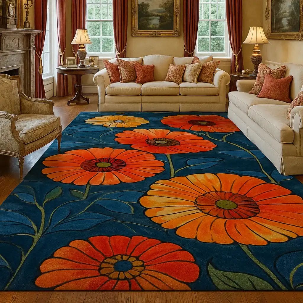 A luxurious area rug featuring a vibrant floral design in bold orange and yellow hues, perfect for adding elegance to a formal dining room. The hand-tufted wool rug complements the classic decor with its striking poppy pattern, making it an ideal choice for dining room carpets.