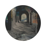 Portal Drip Round Rug dark atmospheric corridor perspective with wavy drip lines and glowing arched doorway