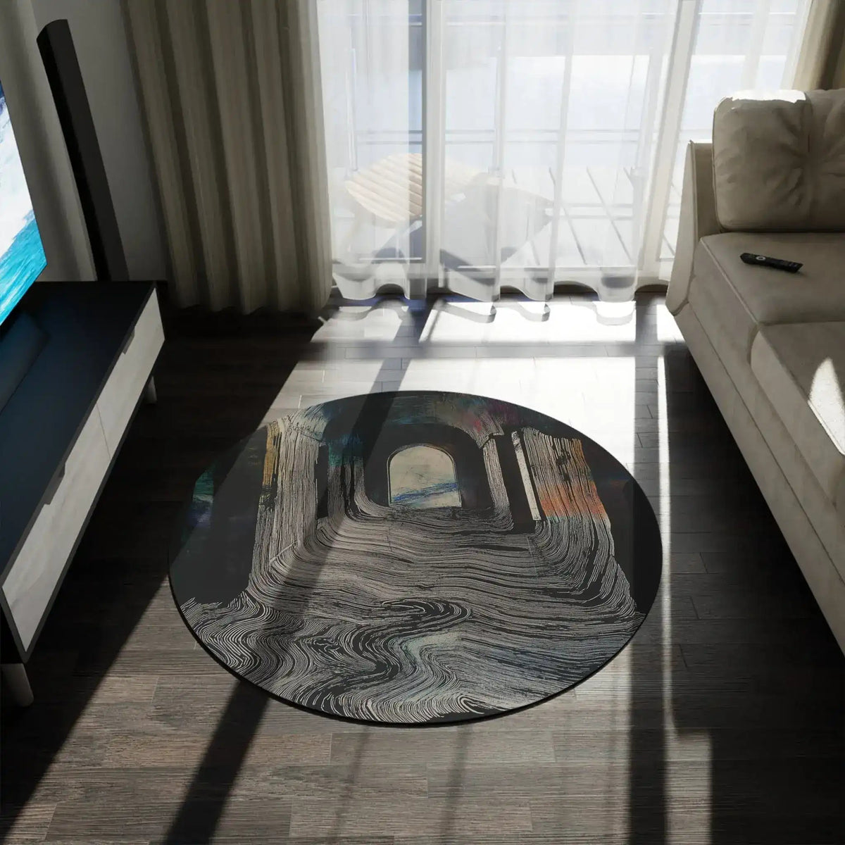 Portal Drip Round Rug in modern living room between TV unit and sofa dark corridor archway drip design