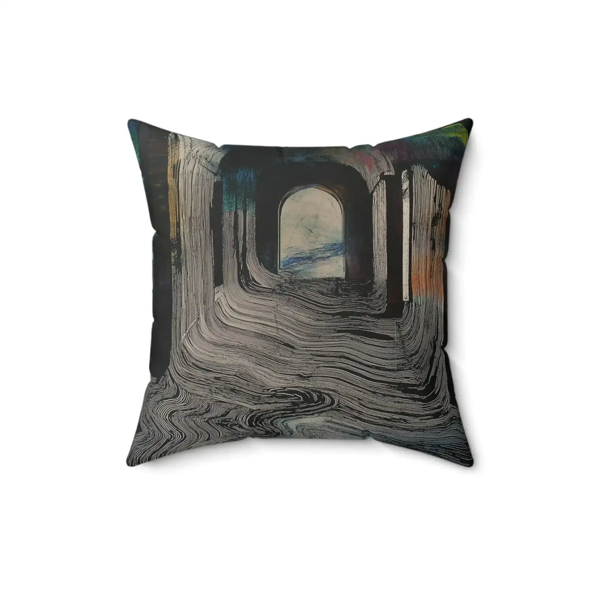 Portal Drip Throw Pillow with swirling dark gray drip lines forming a tunnel arch, slightly rotated product view