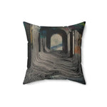 Portal Drip Throw Pillow with swirling dark gray drip lines forming a tunnel arch, slightly rotated product view