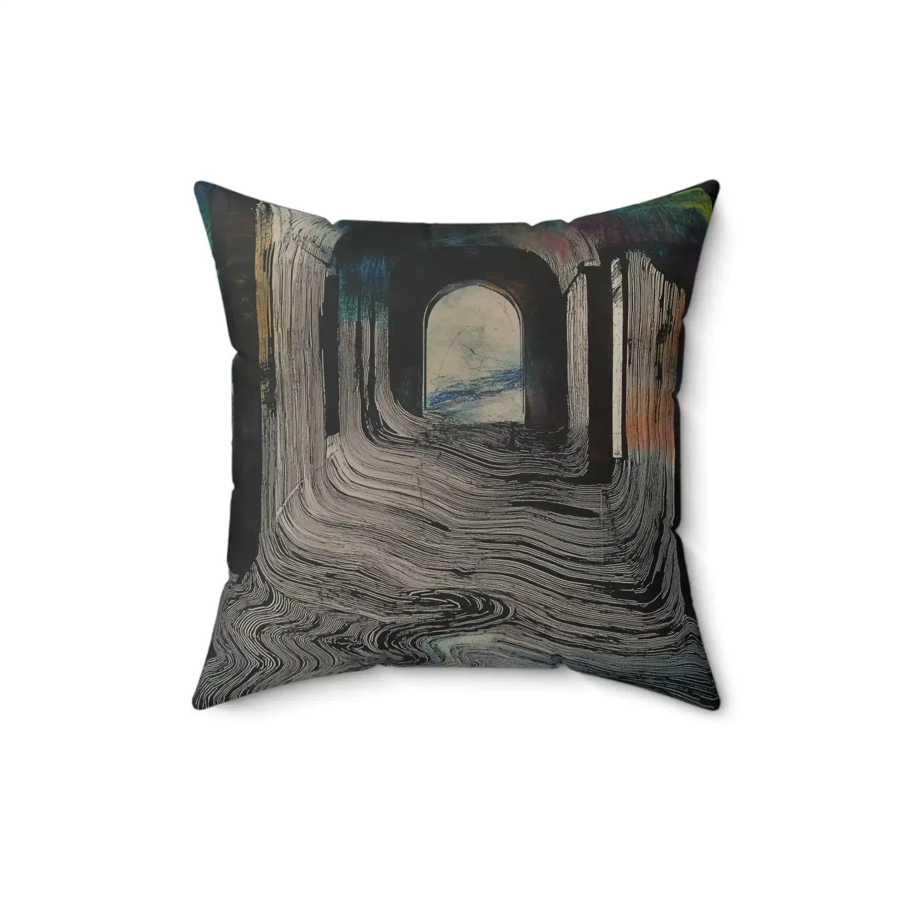 Portal Drip Throw Pillow with swirling dark gray drip lines forming a tunnel arch, slightly rotated product view