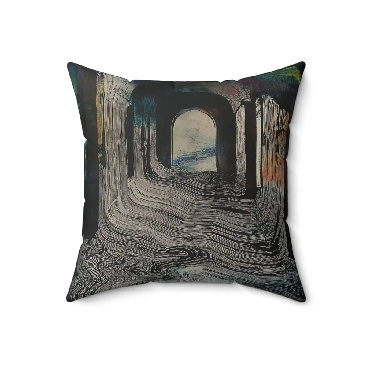 Portal Drip Throw Pillow showing charcoal and ash swirling drip lines leading to an arched portal, angled view