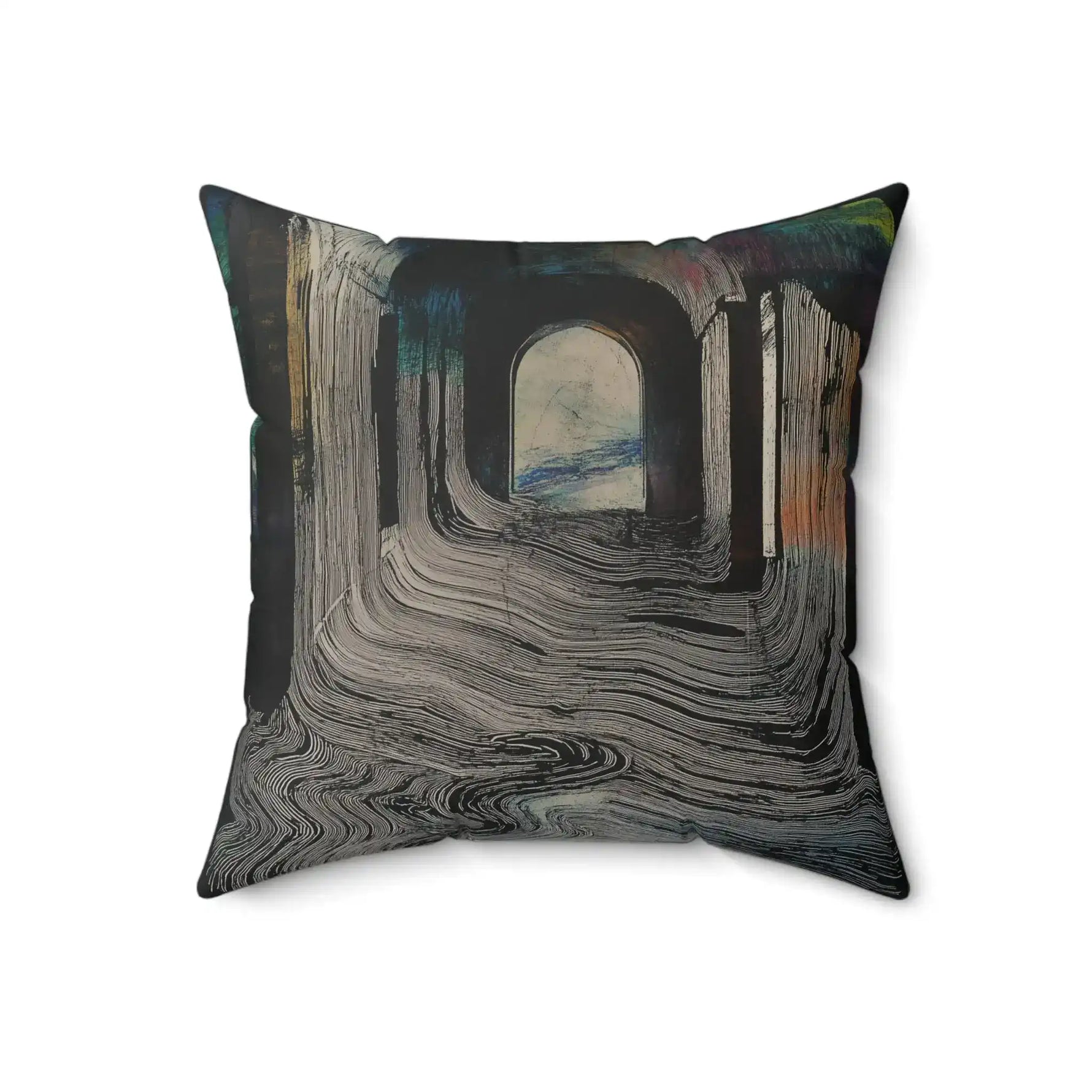 Portal Drip Throw Pillow showing charcoal and ash swirling drip lines leading to an arched portal, angled view