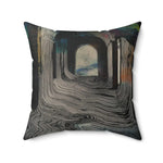 Portal Drip Throw Pillow with flowing dark swirl texture and deep arch portal in charcoal tones, standard front view