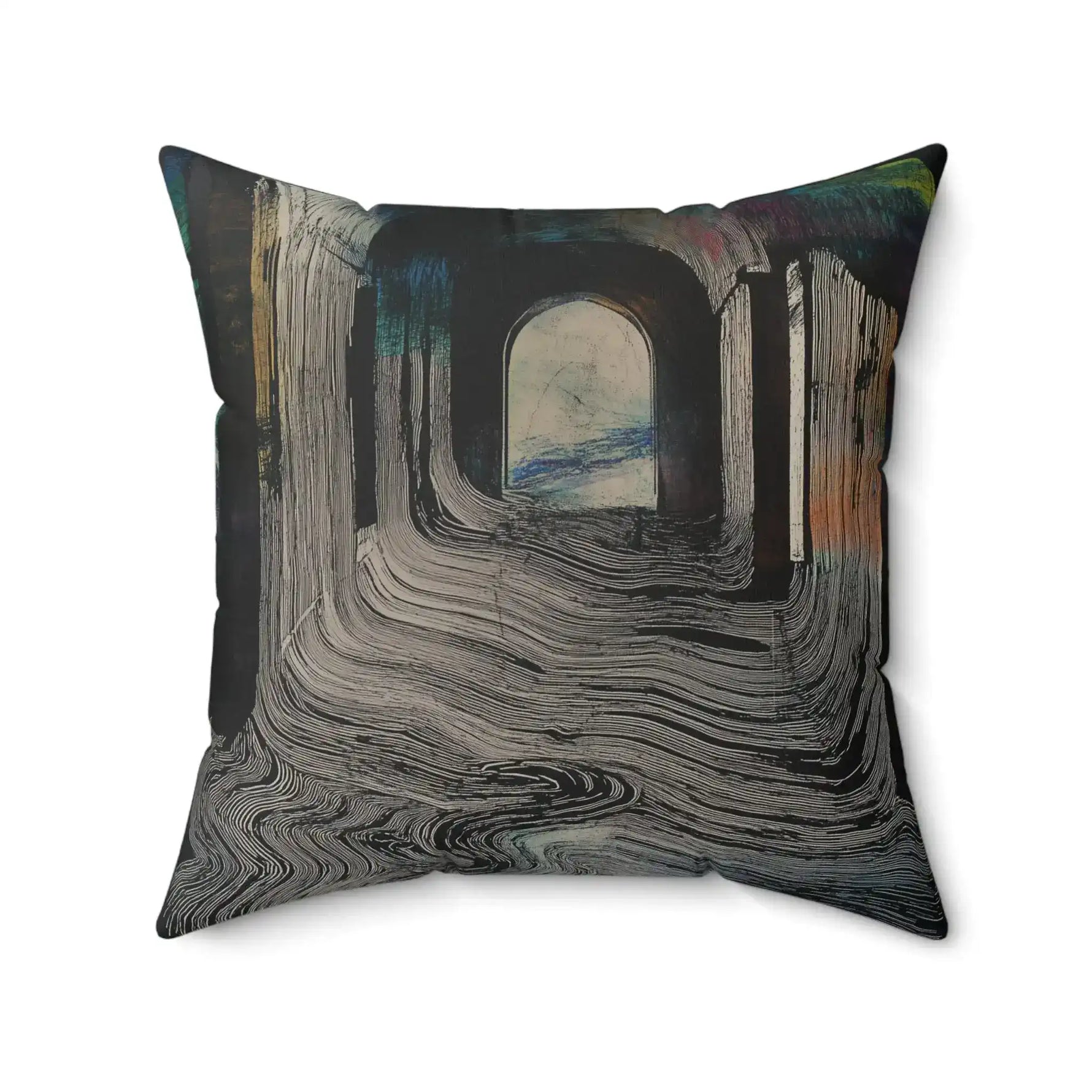 Portal Drip Throw Pillow with flowing dark swirl texture and deep arch portal in charcoal tones, standard front view