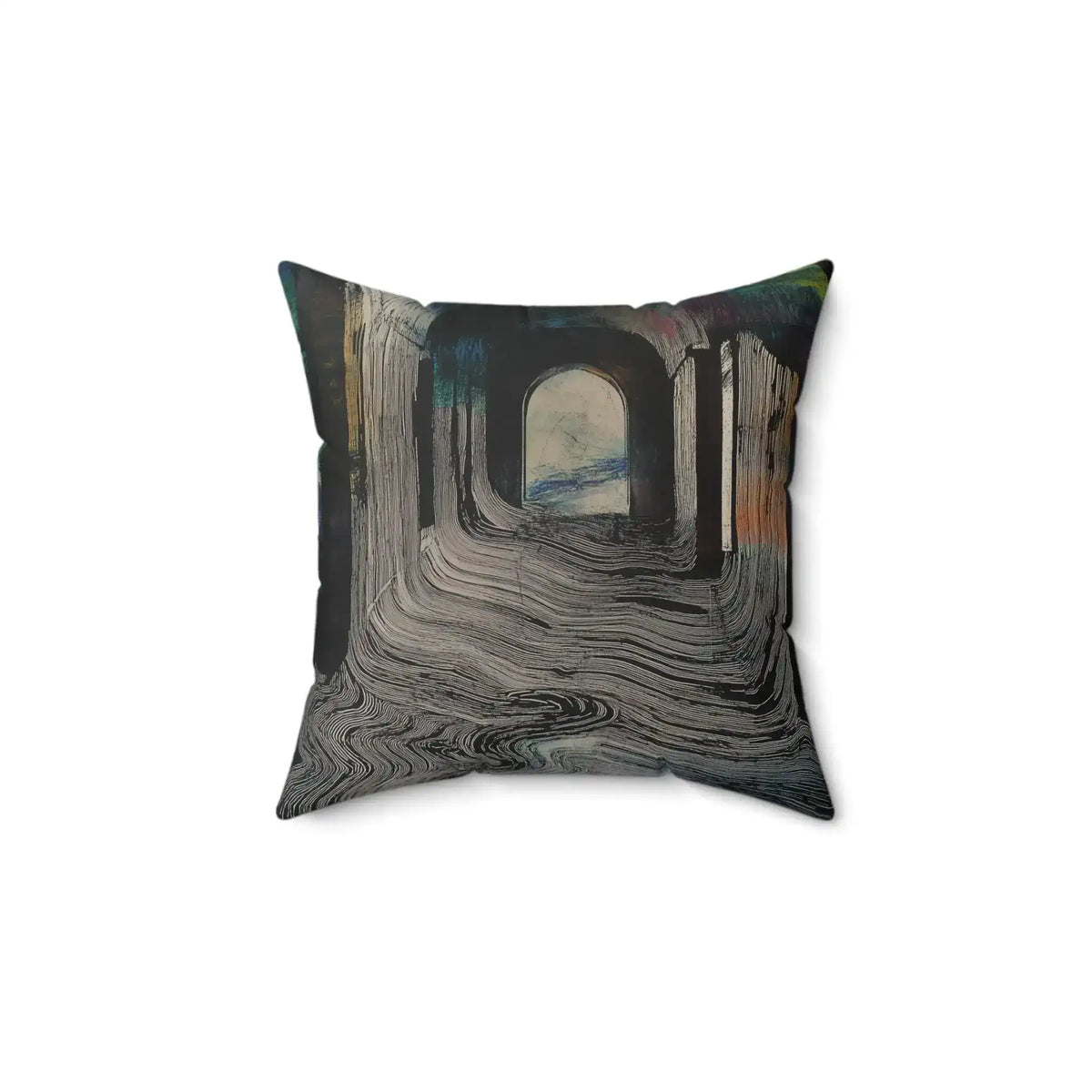Portal Drip Throw Pillow displaying gray and black fluid drip line pattern with arch motif, clean product view