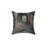 Portal Drip Throw Pillow displaying gray and black fluid drip line pattern with arch motif, clean product view