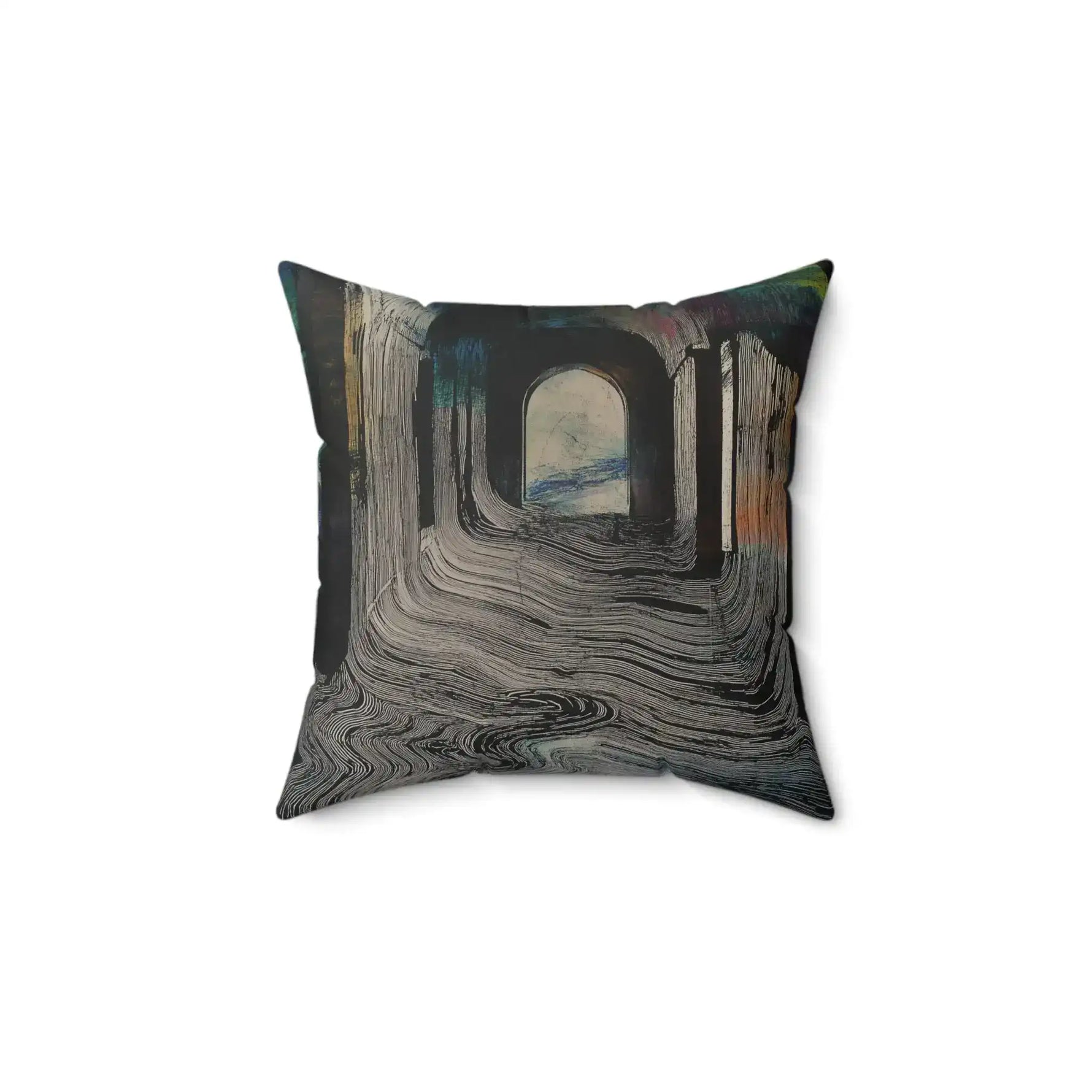 Portal Drip Throw Pillow displaying gray and black fluid drip line pattern with arch motif, clean product view