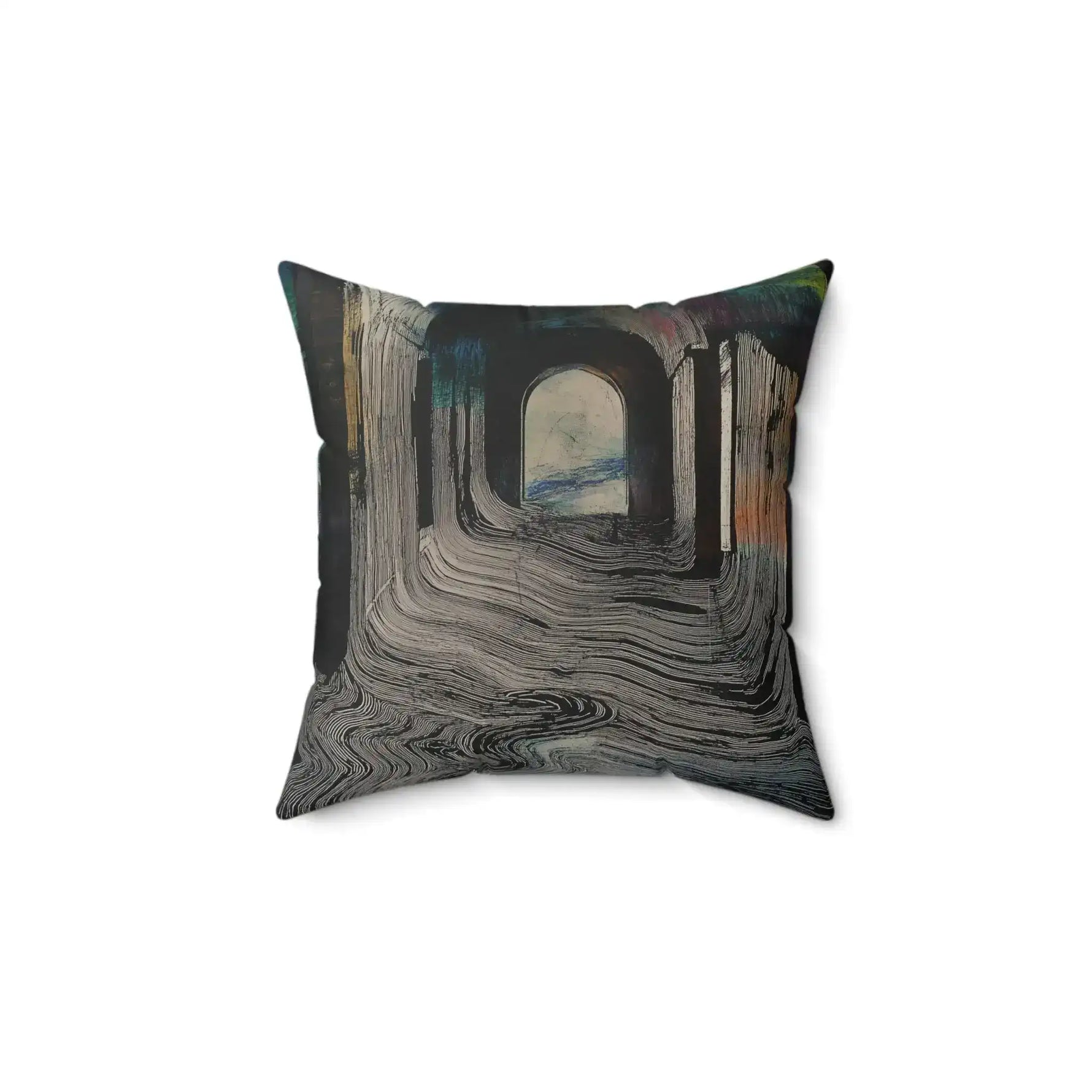 Square throw pillow with dark moody drip-line portal arch design in charcoal black and gray with teal and rust accents