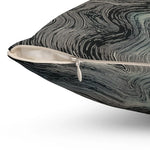 Portal Drip Throw Pillow close-up of zipper on back showing fine swirling black and gray drip-line texture