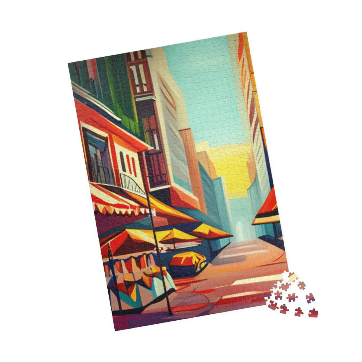 Portrait Urban Vibes puzzle of a vivid cubist street scene with awnings, few pieces unplaced