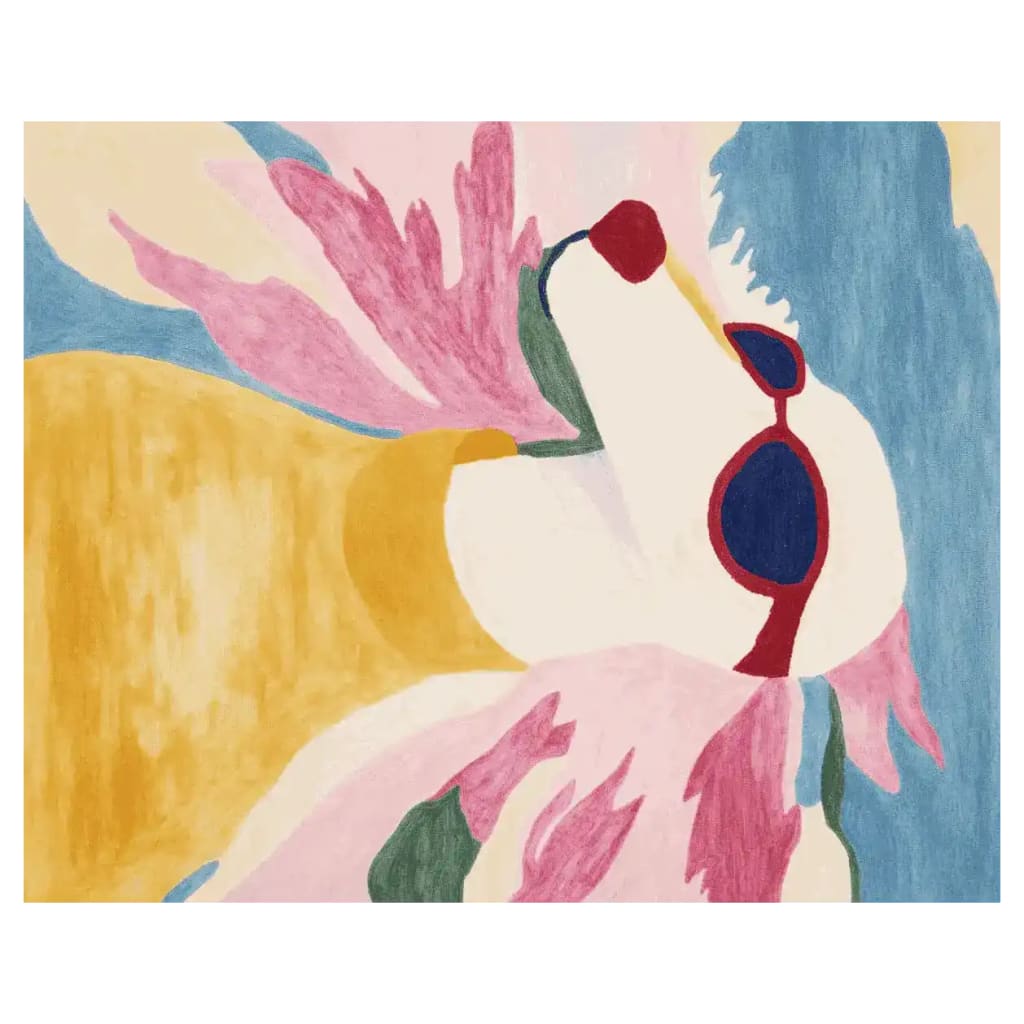 Stylish and vibrant Posh Pup Hand Tufted Area Rug with an abstract design featuring bold colors like pink, blue, and yellow. This contemporary wool rug is perfect for adding a pop of color to your living room. Ideal as an 8x10 living room rug, it combines modern aesthetics with comfort.