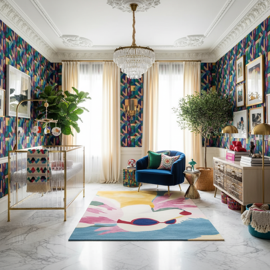 Colorful living room with geometric wallpaper, a blue armchair, and a dog design wool rug.