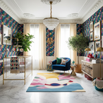 Colorful living room with geometric wallpaper, a blue armchair, and a dog design wool rug.