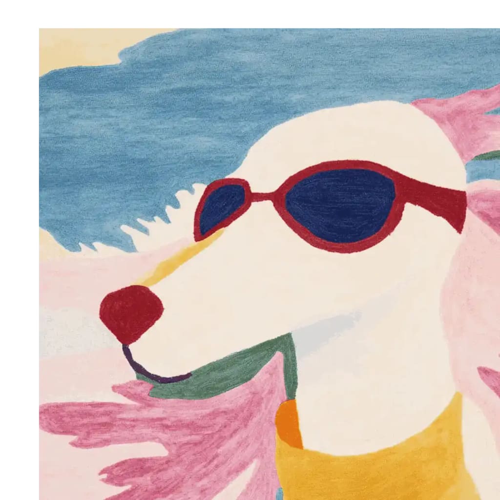 A vibrant, hand tufted area rug featuring a whimsical dog wearing red sunglasses. This contemporary wool rug is perfect for adding a playful touch to your living room decor. Ideal as an 8x10 living room rug, it combines a fun design with quality craftsmanship.