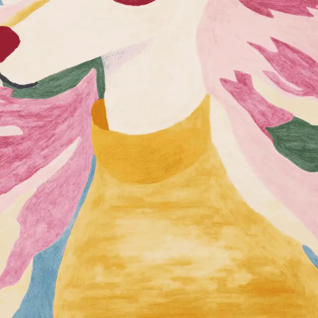 Close-up view of the Posh Pup Hand Tufted Area Rug, showcasing its contemporary design with vibrant colors and abstract patterns. This wool rug is perfect for adding a playful touch to your living room decor. Ideal size for living room rugs 8x10.