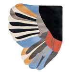 This Power Wing Pop Hand Tufted Rug showcases an abstract and vibrant design featuring bold colors like orange, blue, black, and white. A perfect area rug for contemporary decor, this wool rug adds a stylish touch to living rooms, especially in 8x10 sizes. Ideal for those seeking unique rugs for living room spaces.
