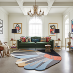 Living room with a green sofa, colorful pillows, and a geometric rug.